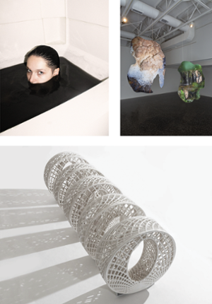 three images in a grid featuring alumnx artwork